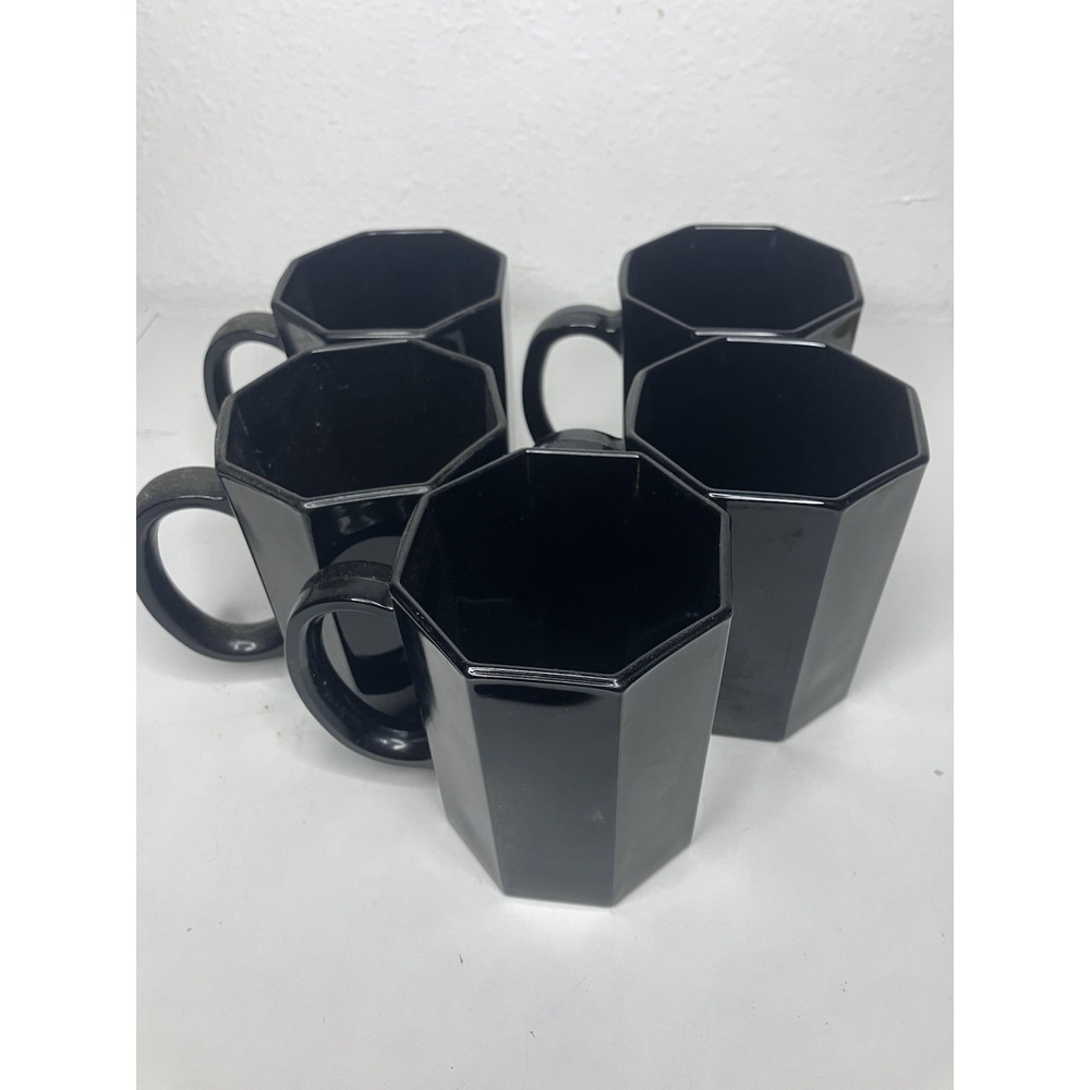 Vintage 1980s Arcoroc France Black Octime Octagon Cup Mugs Coffee Glass Set Of 5